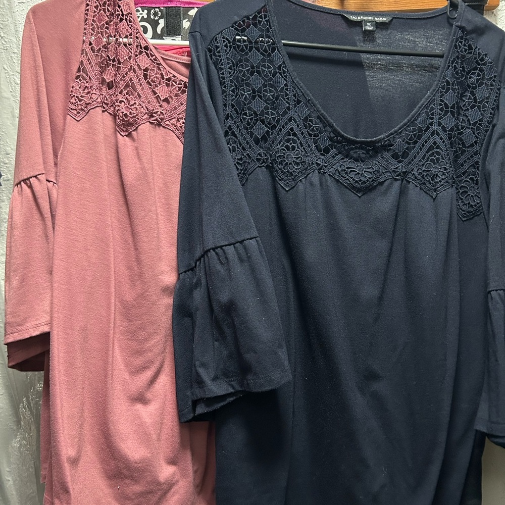 Two Elegant Lace Trim Women Tops - Navy and Pink.